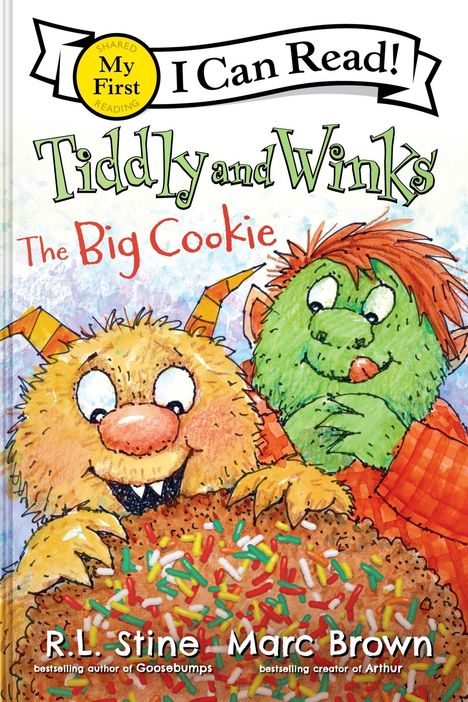 „I Can Read! My First“, „Tiddly and Winks: The Big Cookie“. Zwei Monster, eines gelb, eines grün, mit einem großen Keks.
