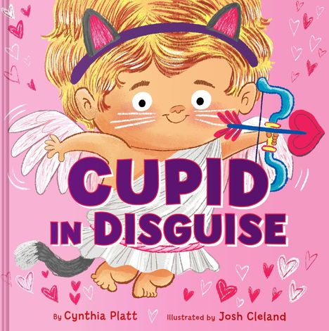 Text: "CUPID IN DISGUISE". Illustration: Ein Kind mit Engelsflügeln, Katzenohren und Pfeil und Bogen, umgeben von Herzen.