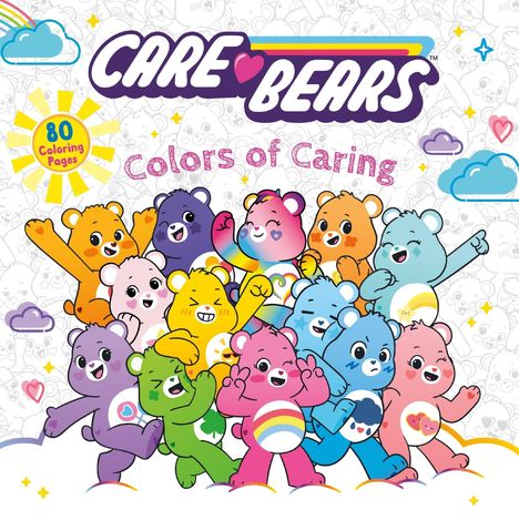 Text oben: "Care Bears". Darunter: "Colors of Caring". Zehn bunte, fröhliche Teddybären jubeln gemeinsam.