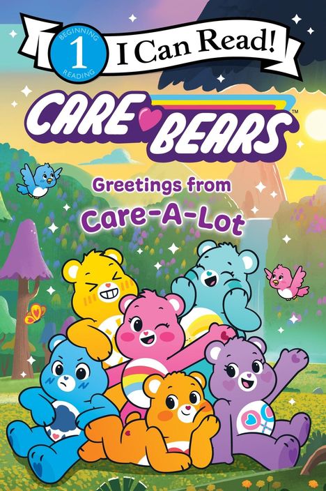 „I Can Read!“, „Greetings from Care-A-Lot“. Bunte Teddybären in einem fröhlichen, magischen Wald.