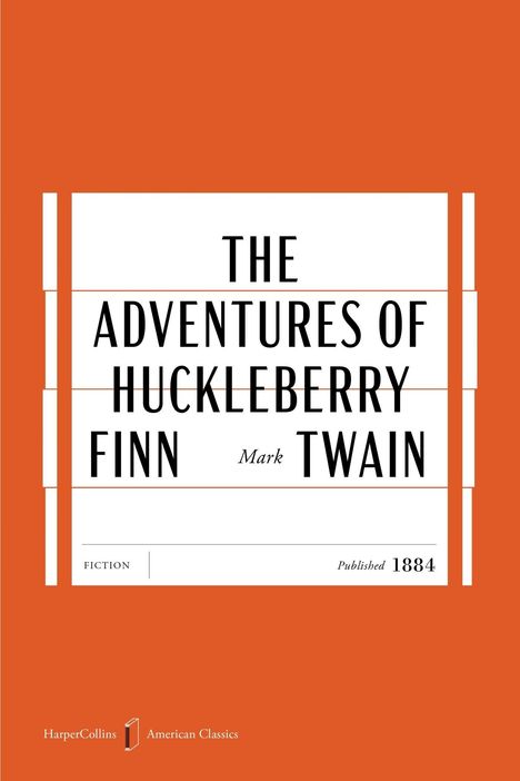 "The Adventures of Huckleberry Finn" von Mark Twain, veröffentlicht 1884. Rotes Cover, klassisches Design.