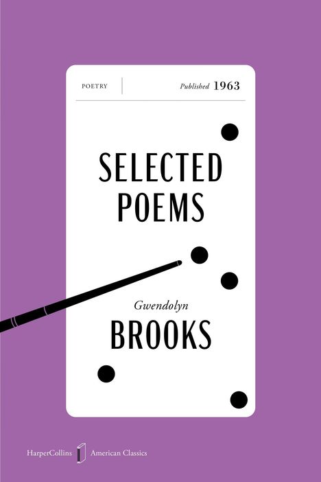 „Selected Poems“, Gwendolyn Brooks, veröffentlicht 1963. Lila Hintergrund, schwarz-weiße grafische Elemente.