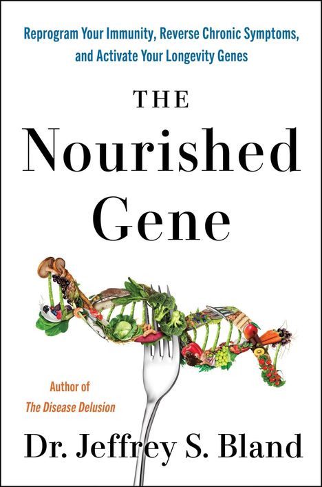 Text: "Reprogram Your Immunity, Reverse Chronic Symptoms, and Activate Your Longevity Genes. The Nourished Gene."

Illustration: Eine Gabel hält eine DNA-Spirale aus Lebensmitteln.