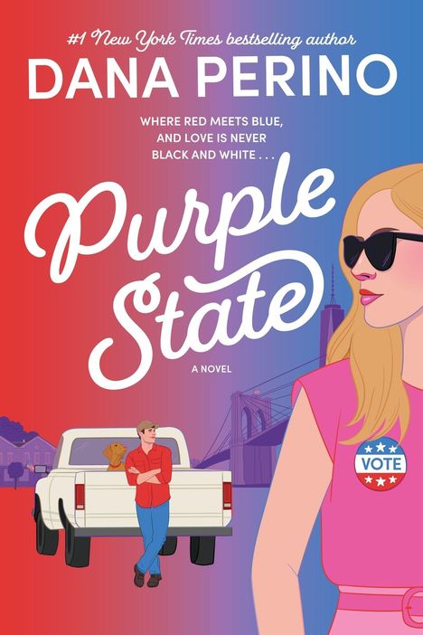 Buchtitel "Purple State". Illustration: Frau mit "Vote"-Button, Mann mit Hund vor Truck, im Hintergrund Brücke.