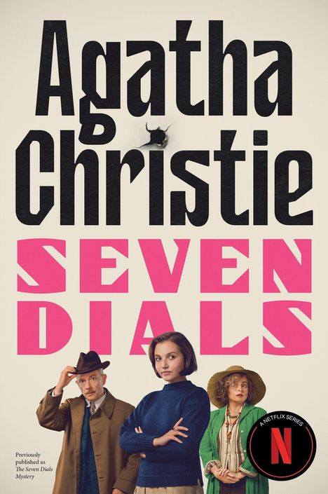 Text: Agatha Christie, Seven Dials. Menschen in altmodischer Kleidung, ein Mann mit Hut, zwei Frauen in bunten Kleidern. Netflix-Logo.