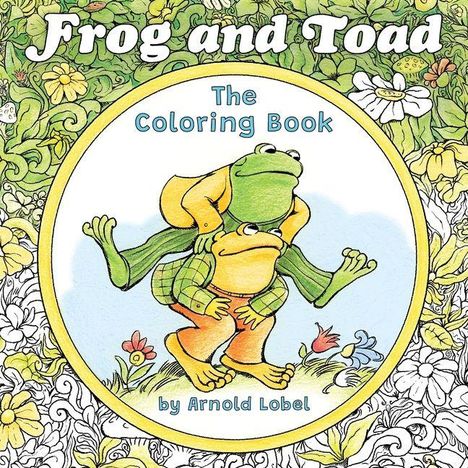 Text: "Frog and Toad", "The Coloring Book", "by Arnold Lobel". Illustration: Ein Frosch reitet auf einem Krötenfreund, umgeben von Blumen.