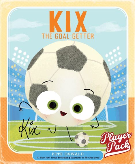 „KIX THE GOAL-GETTER“. Illustration eines lächelnden Fußballs im Stadion mit großen Augen. Darunter: „Player Pack“.