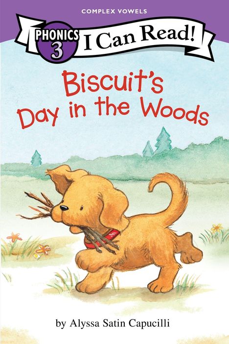 „Biscuit's Day in the Woods“. Ein Welpe trägt Stöcke im Maul. Wiese mit Blumen und Bäumen.