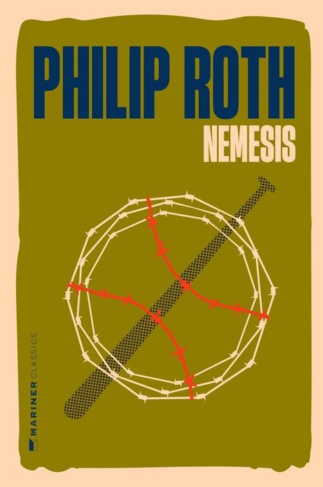"PHILIP ROTH NEMESIS" in blauer und beiger Schrift. Illustration eines Baseballs mit Stacheldraht umwickelt.