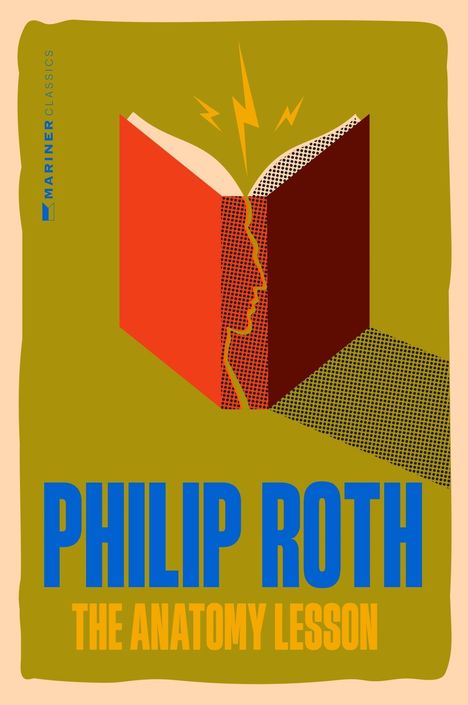 "PHILIP ROTH THE ANATOMY LESSON" in blauer und gelber Schrift. Eine stilisierte Illustration eines geöffneten Buches.