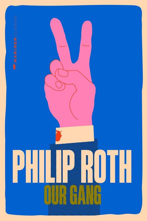 "PHILIP ROTH, OUR GANG" steht in großen Buchstaben. Illustration: Pinke Hand zeigt ein Victory-Zeichen vor blauem Hintergrund.