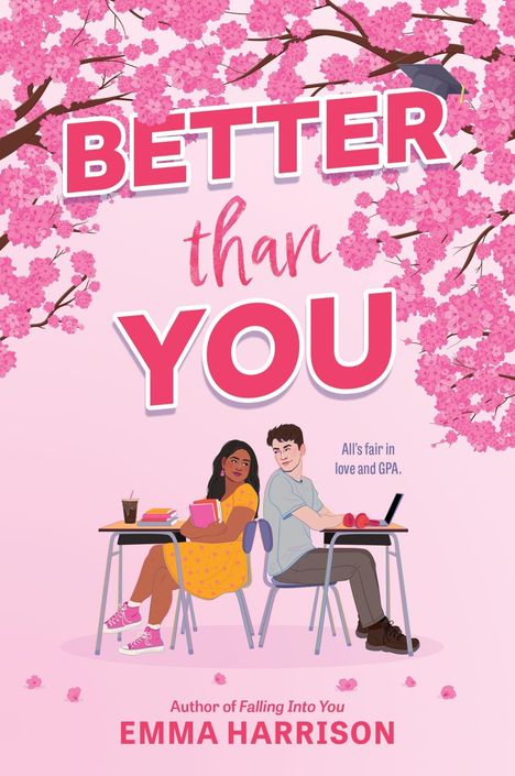 "BETTER than YOU" in kräftigem Text, darunter zwei Schüler an Schultischen, umgeben von rosa Kirschblüten.