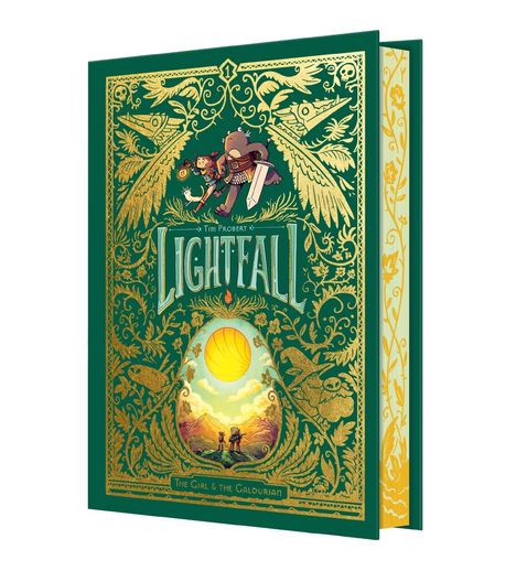 Der Titel lautet "Lightfall: The Girl & The Galdurian". Goldene Verzierungen zieren ein grünes Cover mit zwei Figuren.