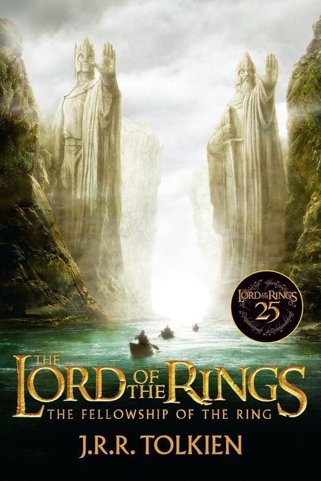 "The Lord of the Rings: The Fellowship of the Ring", J.R.R. Tolkien. Boote auf einem Fluss zwischen riesigen, erhobenen Statuen.