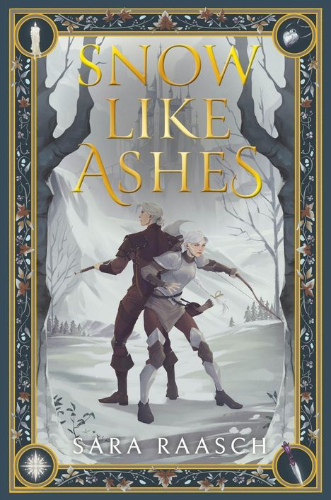 "SNOW LIKE ASHES" von SARA RAASCH. Zwei Figuren in Rüstungen stehen Rücken an Rücken in einem winterlichen Wald.