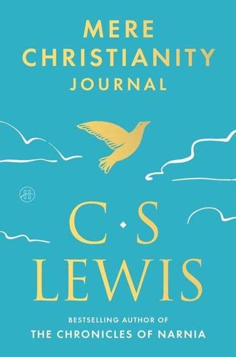 "MERE CHRISTIANITY JOURNAL" oben, darunter "C. S. LEWIS". Illustrationen eines Vogels und Wolken auf türkisfarbenem Hintergrund.