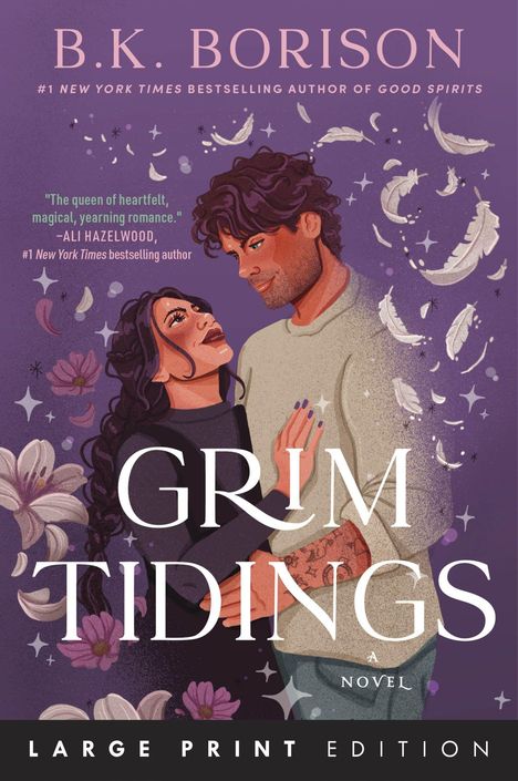 Titel: "GRIM TIDINGS". Illustration eines Paares, umgeben von Blumen und Federn. Farben: Violett, Beige, Rosa.