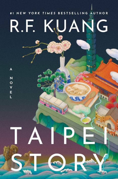 Text: “R.F. Kuang” und “Taipei Story”. 
Illustration: Blühende Zweige, Taipei 101, traditionelles Gebäude, Bus, Nudelschüssel, Landschaft auf Buch.