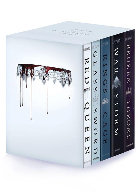 Fünf Bücher: "Red Queen", "Glass Sword", "King's Cage", "War Storm", "Broken Throne". Eine Krone, von der rote Flüssigkeit tropft.