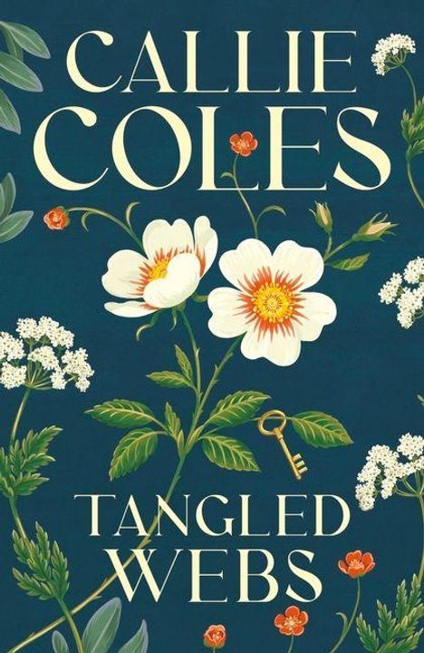 „CALLIE COLES: TANGLED WEBS“; Illustration mit Blumen und einem Schlüssel auf dunkelblauem Hintergrund.