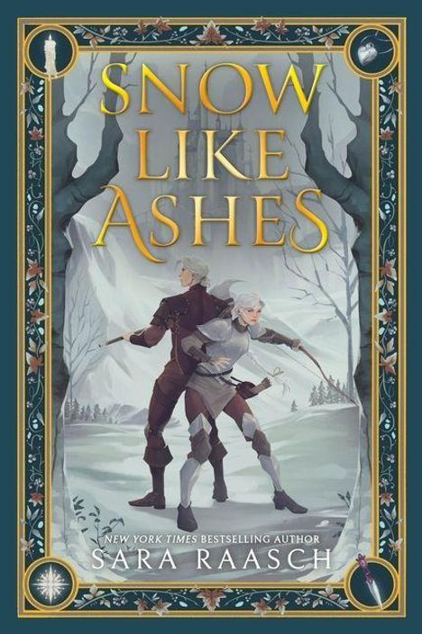 "Snow Like Ashes", Sara Raasch. Zwei Personen in Winterkleidung, bewaffnet, vor verschneiter Landschaft.