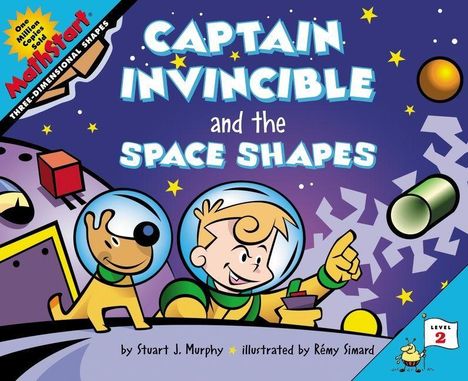 "Captain Invincible and the Space Shapes" steht groß. Junge mit Hund in Raumanzügen auf einem Planeten. Bunte Formen schweben.