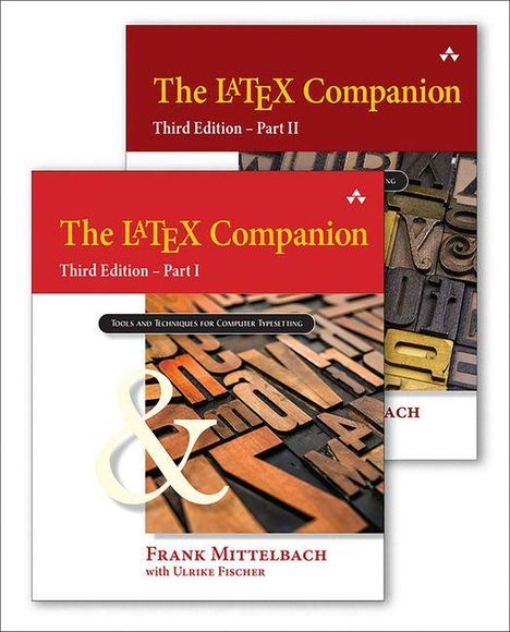 Cover von "The LaTeX Companion", Dritte Ausgabe, Teil I und II. Hintergrund mit Druckbuchstaben. Autoren: Frank Mittelbach, Ulrike Fischer.