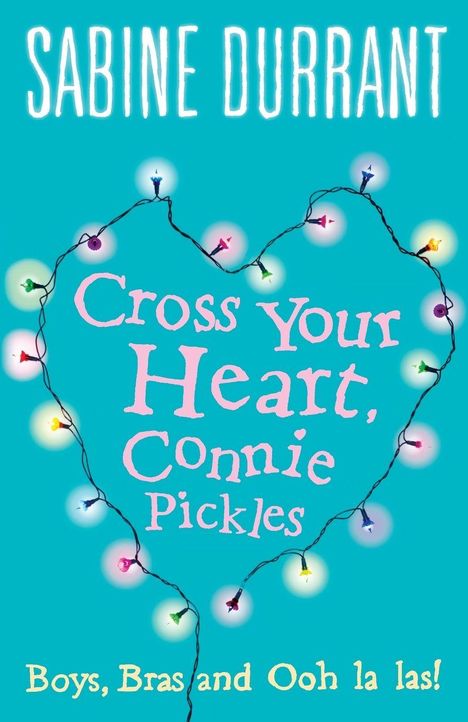 "Cross Your Heart, Connie Pickles" steht in rosa auf blauem Hintergrund, umgeben von bunten Lichtern in Herzform.