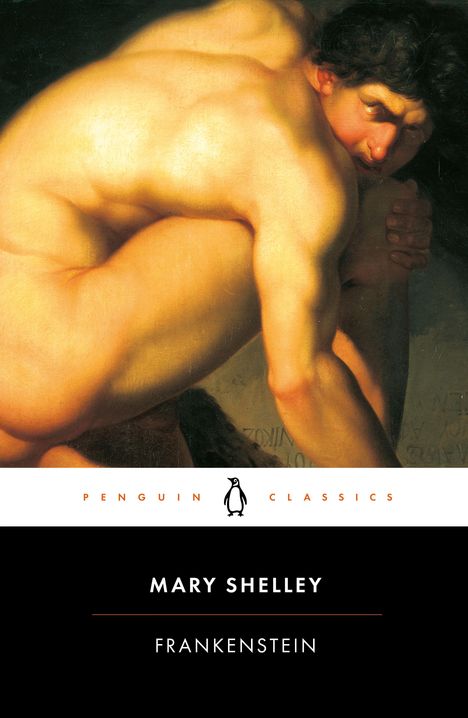 „Mary Shelley, Frankenstein, Penguin Classics“ steht über einem muskulösen Mann aus einem Gemälde.