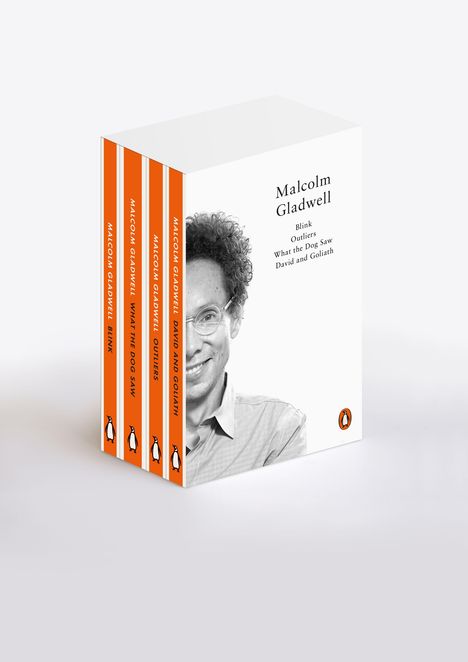 Buchbox-Set von Malcolm Gladwell: "Blink", "Outliers", "What the Dog Saw", "David and Goliath". Jemand lächelt.