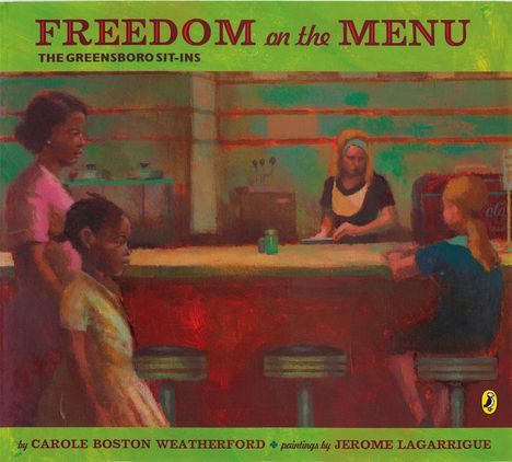 "FREEDOM on the MENU: THE GREENSBORO SIT-INS." Illustration zeigt eine Bar-Szene mit mehreren Personen und Retro-Einrichtung.
