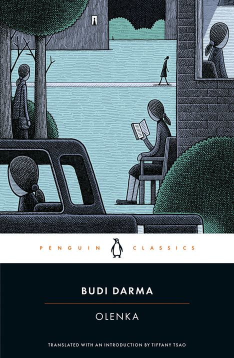 Text: "Budi Darma - Olenka. Penguin Classics. Translated with an introduction by Tiffany Tsao."  
Illustration von Personen und Bäumen in einer ruhigen Szene.
