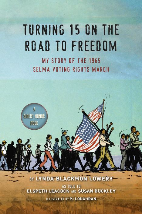 „TURNING 15 ON THE ROAD TO FREEDOM“ und Menschen im Marsch mit einer US-Flagge, farbenfrohe Illustration.
