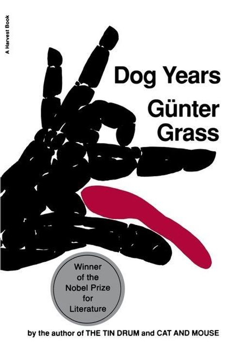 Buchcover: "Dog Years" von Günter Grass. Schwarzes, abstraktes Design mit rosa Element. Nobelpreis-Aufkleber.