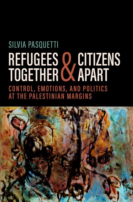 „Silvia Pasquetti: Refugees & Citizens Together & Apart.“ Unten ein abstraktes Gemälde in warmen Erdtönen.