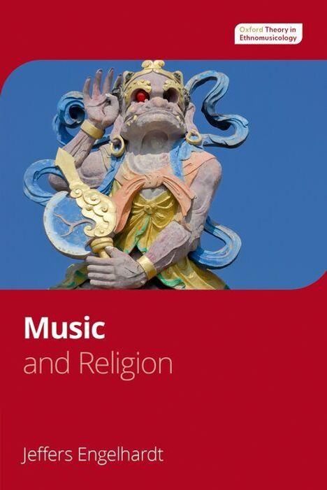 Text: "Music and Religion" von Jeffers Engelhardt. Oben ein buntes, detailreiches Relief einer mythologischen Figur.