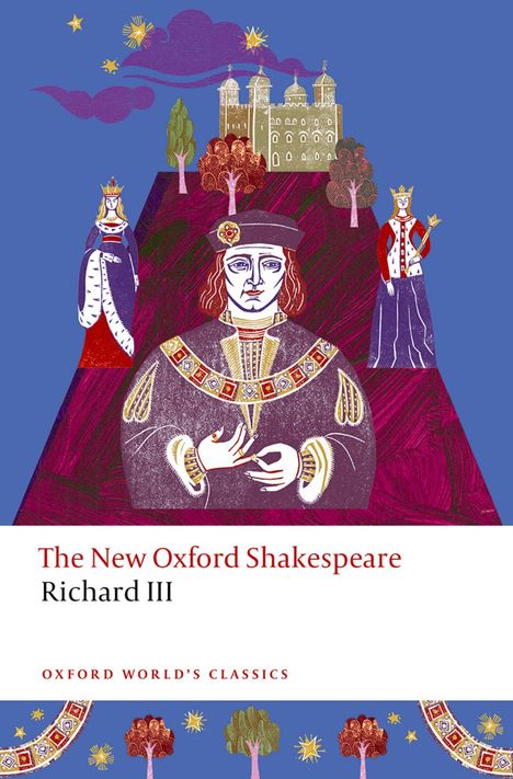 "The New Oxford Shakespeare: Richard III" steht auf einem Cover. Es zeigt eine Illustration von Richard III und einem Schloss.