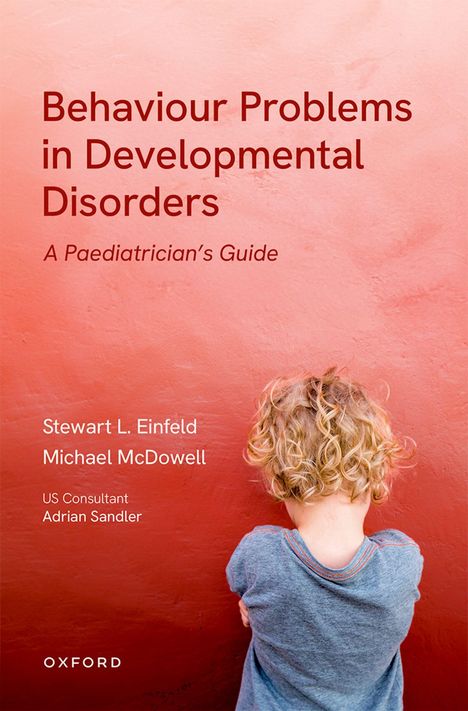 „Behaviour Problems in Developmental Disorders“ in rot auf rosa Hintergrund, Kind mit lockigem Haar im Vordergrund.