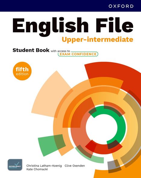 "English File Upper-intermediate Student Book, fifth edition." Abstrakte, bunte grafische Kreise im Hintergrund.