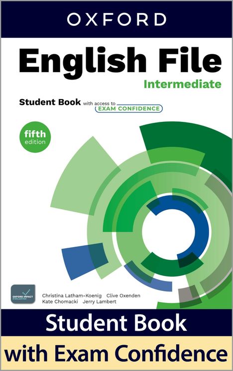 Text: "Oxford English File Intermediate, fifth edition, Student Book with Exam Confidence." Grafisches, grünes Kreismuster.