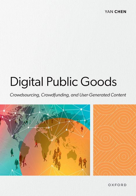 „Digital Public Goods“ von Yan Chen, Oxford. Illustration mit Weltkarte und Vernetzung, orangene Muster rechts.