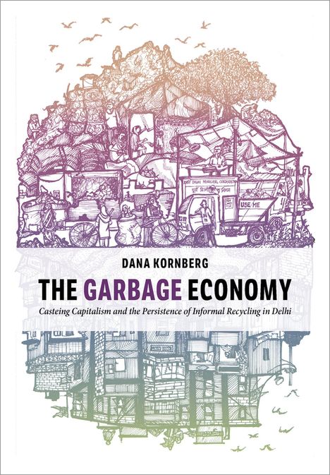 Text: "THE GARBAGE ECONOMY" von Dana Kornberg. Ein gemalter Berg aus Müll mit Menschen und Objekten.