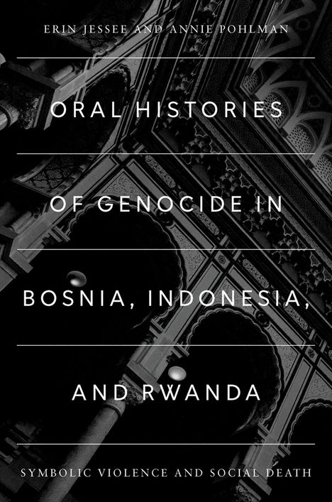 "Oral Histories of Genocide in Bosnia, Indonesia, and Rwanda: Symbolic Violence and Social Death." Schwarz-weißes architektonisches Muster im Hintergrund.
