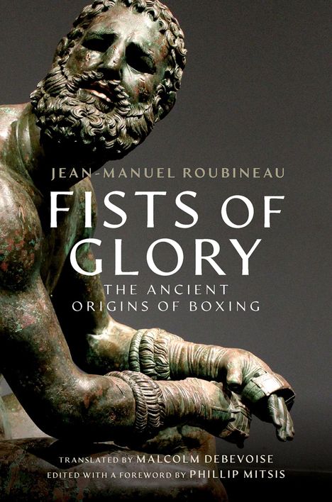 "Fists of Glory: The Ancient Origins of Boxing." Bronze-Statue eines muskulösen Mannes mit Bart und bandagierten Händen.