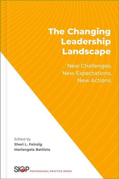 Text: "The Changing Leadership Landscape: New Challenges, New Expectations, New Actions." Buchcover mit orange-weißem Design.