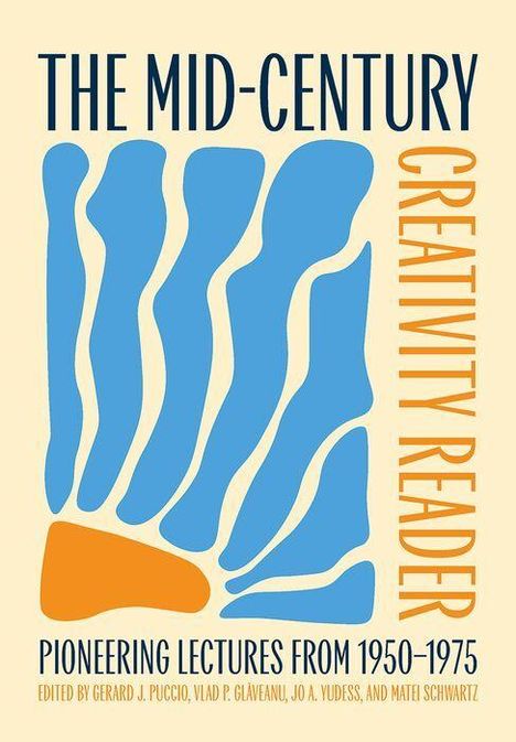 "The Mid-Century Creativity Reader" und "Pioneering Lectures from 1950–1975" stehen zentral. Abstrakte, blaue Formen.