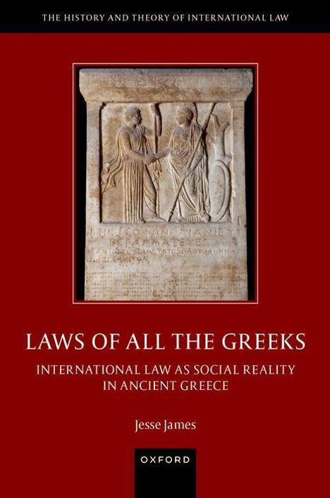 "Laws of All the Greeks", thematisiert internationales Recht im antiken Griechenland, roter Hintergrund, Reliefdarstellung.