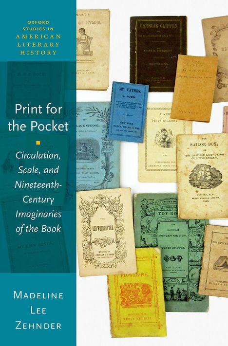 Links steht der Titel "Print for the Pocket" von Madeline Lee Zehnder. Alte Buchumschläge sind angeordnet.