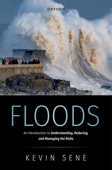 "FLOODS", darunter: "An Introduction to Understanding, Reducing, and Managing the Risks" von Kevin Sene. Große Wellen schlagen gegen eine Küste.