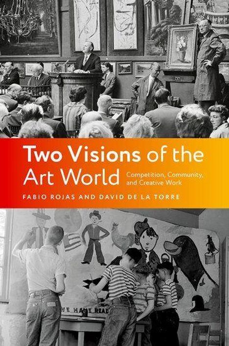 "Two Visions of the Art World" steht oben. Darunter eine historische Szene mit Menschen in einer Kunstgalerie.